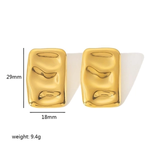 Textured 18k gold plated rectangular hoop earrings with dimensions and weight specs