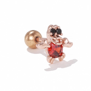 Rose gold turtle stud earring with red round zircon and screw back for piercing
