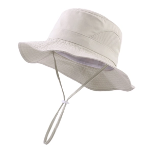 Detailed view of breathable mesh side panels and quick-dry fabric on beige sun hat