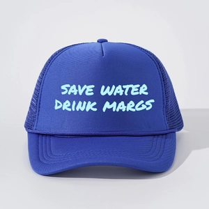 Close-up of blue mesh trucker hat featuring Save Water Drink Margs slogan and stitching