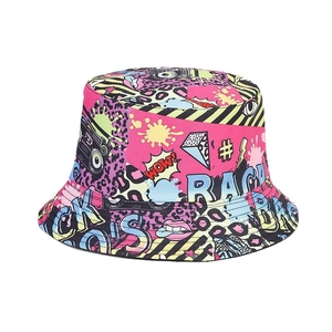 Reversible bucket hat with vibrant graffiti pop art prints for beach sun protection