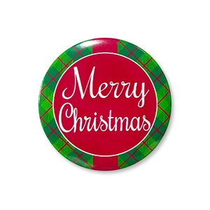 Close-up of 58mm Merry Christmas badge with red and green plaid border and glossy finish