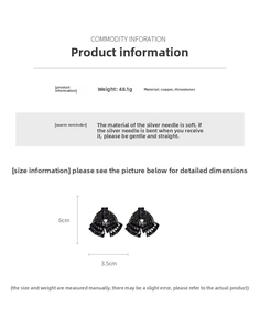 Detailed view of rhinestone tassel earrings with silver pins and product dimensions