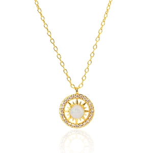 925 Sterling Silver Necklace White Opal Sunburst Medallion Pendant Inset Cubic Zirconia Dainty Jewelry For Women