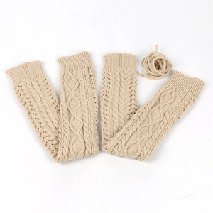 Beige cable knit thigh high leg warmers with drawstring ties for women in winter