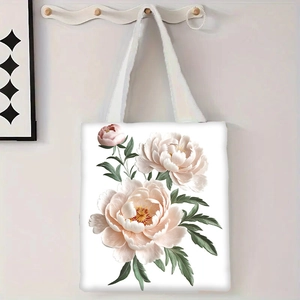 Détail du sac cabas en toile blanche avec illustrations de pivoines roses délicates
