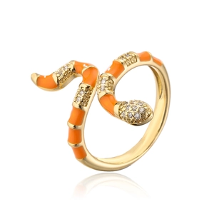 Detail of snake ring with orange enamel, 18K gold plating and sparkling cubic zirconia