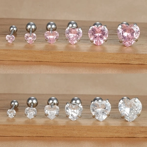Titanium steel heart-shaped cartilage studs with pink and white zircon in various sizes