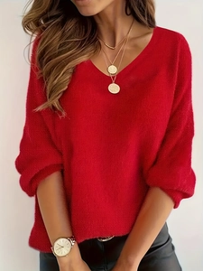 Jersey de punto rojo con cuello en V para mujer, corte holgado de estilo casual