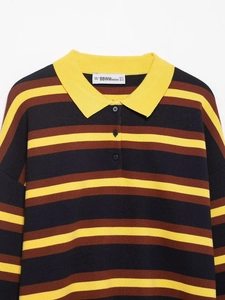 Nahaufnahme des gestreiften Strick-Poloshirts mit Fokus auf Kragen, Knöpfe und Gewebestruktur