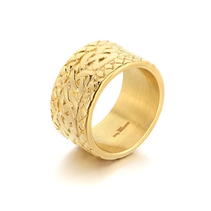 Men's punk style woven texture gold stainless steel ring shown from a 45-degree angle