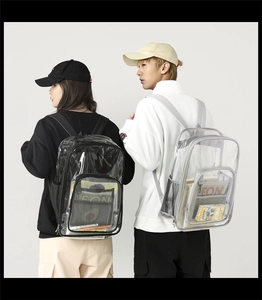 Detail showing high-capacity waterproof transparent PVC backpack with black and grey piping