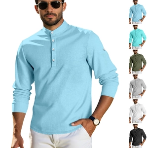 Men Long Sleeve Waffle Knit Henley Shirt Stand Collar Casual Business Fashion Button Down Solid Color Slim Fit Top