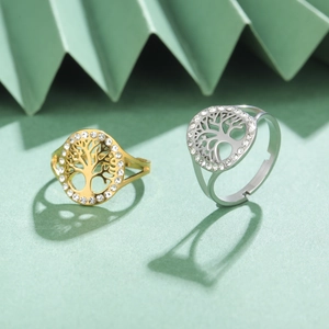18K gold plated tree of life open ring with micro-paved zirconia detailing