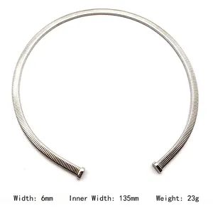 Close-up of 6mm wide stainless steel C-shaped choker with textured screw cap ends