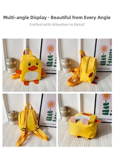 Detailed multi-angle views of cute yellow duck toddler backpack with adjustable straps