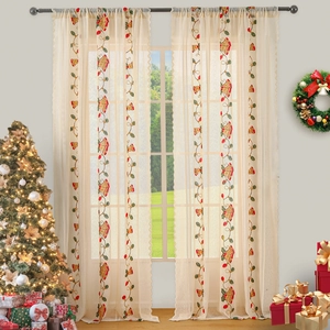 Christmas Lace Curtains Embroidered Bell Holly Pattern Semi Blackout Window Decor American Style Polyester Mesh