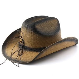 Classic western straw cowboy hat with gradient finish and decorative leather strap