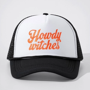 Classic black and white trucker hat featuring orange Howdy Witches embroidery on the front