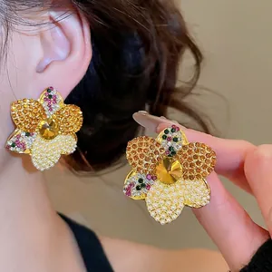 Flower Stud Earrings With Rhinestones And Imitation Artificial Pearls Alloy Retro Style For Women With 925 Sterling Silver Earring Post