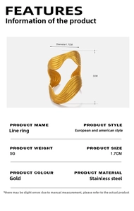Detailed size specifications of an irregular gold wavy stainless steel ring with dimensions
