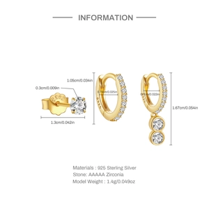 Detailed view of three-piece gold earring set with AAAAA cubic zirconia and dimensions