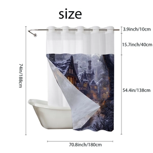 Detailed technical dimension diagram showing the size of the winter town shower curtain