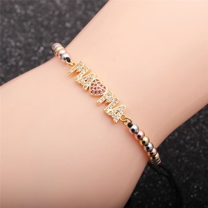 Adjustable MAMA bracelet with zircon heart and tricolor beads on a black woven cord