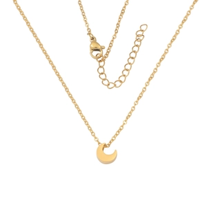 Detail of gold moon pendant necklace with delicate chain and lobster clasp closure