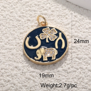 18K gold-plated lucky charms pendant with horseshoe, clover, and elephant on blue enamel