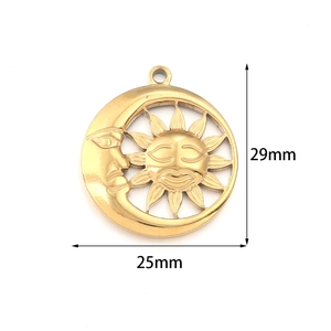 Gold sun and crescent moon face pendant dimensions shown as 25mm by 29mm in detail