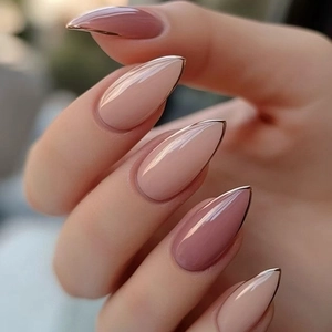 Glossy Press On Nails Almond Shape French Gold Edge Pink Gradient Ombre Artificial Fake Nails For Women