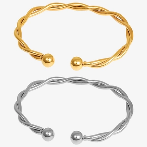 Adjustable 18k gold and silver twist cuff bracelets with round ends in 304 stainless steel
