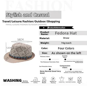 Detailed dimensions of summer straw fedora with ethnic band and 5cm brim width