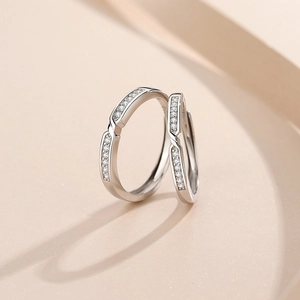 S925 sterling silver couple rings with pavé diamonds and adjustable opening design