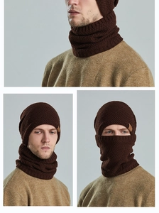 Three-way view of men's dark brown winter knit hat and neck warmer scarf set with fleece lining