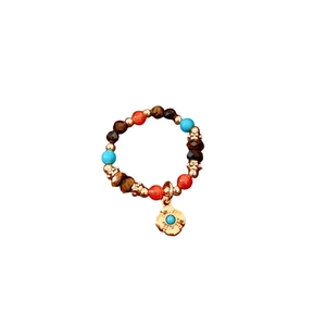 Vintage tiger eye and agate beaded elastic ring with bohemian floral charm pendant