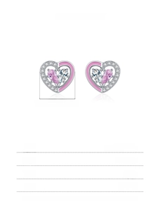 Detail view of heart-shaped S925 silver stud earrings with pink enamel and zircons