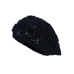 Women's black crochet beret with 3D floral embroidery and hollow breathable knit
