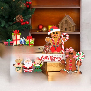 Wooden Christmas table decor set featuring gingerbread man and Santa on a rustic background