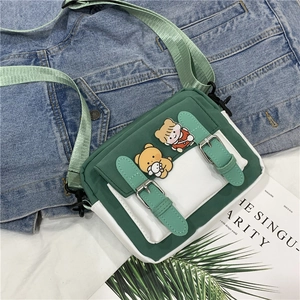 Cute Cartoon Bear Girl Nylon Crossbody Bag Small Square Shoulder Satchel For Students Japanese Korean Style Contrast Color