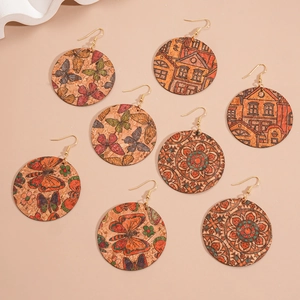 Bohemian leather printed geometric round dangle earrings set with vintage butterfly patterns