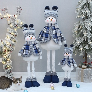 Three sizes of blue plaid Christmas snowman plush dolls with retractable legs decoration