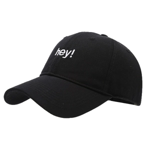 Classic black cotton baseball cap with white hey embroidery for outdoor sun protection