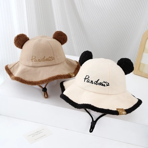 Cute panda-style corduroy bucket hat for toddlers featuring plush ears and windproof strap