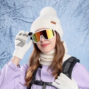 Winter pearl white knitted beanie hat, neck warmer, and touchscreen gloves with ski goggles