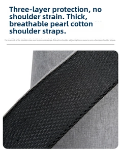 Detail of thickened breathable pearl cotton shoulder straps on a grey business backpack