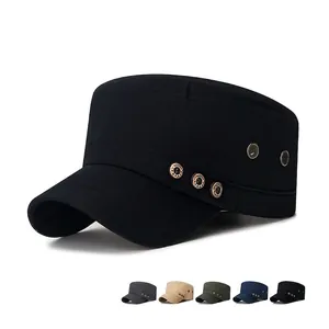 Men Cotton Military Cadet Cap Flat Top Hat Adjustable Breathable Sun Protection Outdoor Casual Metal Buttons Decor