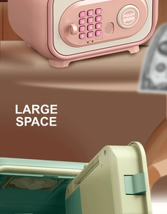 Detalle de hucha electrónica con gran espacio interno y diseño moderno bicolor elegante