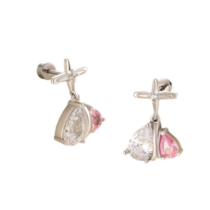Orecchini a perno a croce in acciaio con ciondoli a goccia trasparenti e rosa eleganti